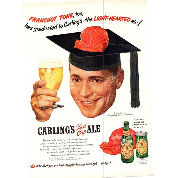 1951 Carling's Red Cap Ale Vintage Print Ad Graduate Cap Mortarboard Wall Art - Picture 1 of 2